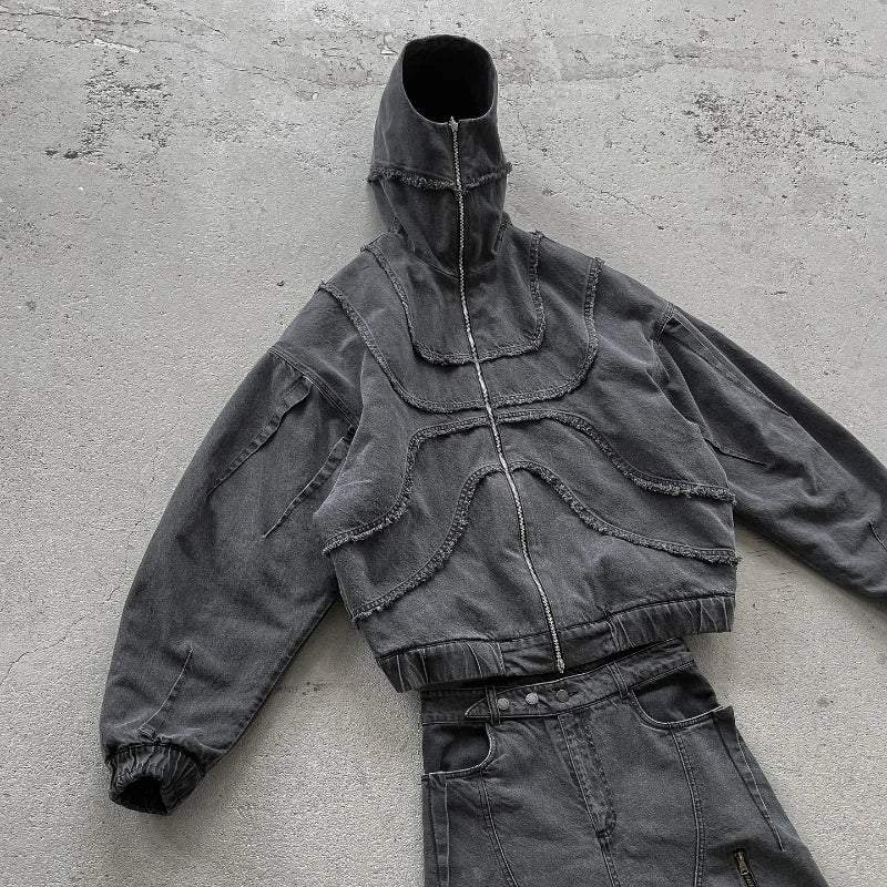 Y2K Denim Jacket American Splicing Style Gothic Vintage Trend Unisex Streetwear Punk High Street Oversized Leisure Zip Up Hoodie